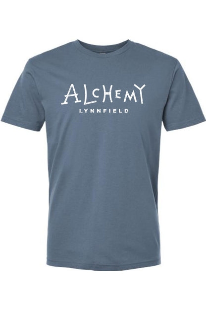 Slate blue crew neck t-shirt featuring the white Alchemy Lynnfield logo printed on the chest.