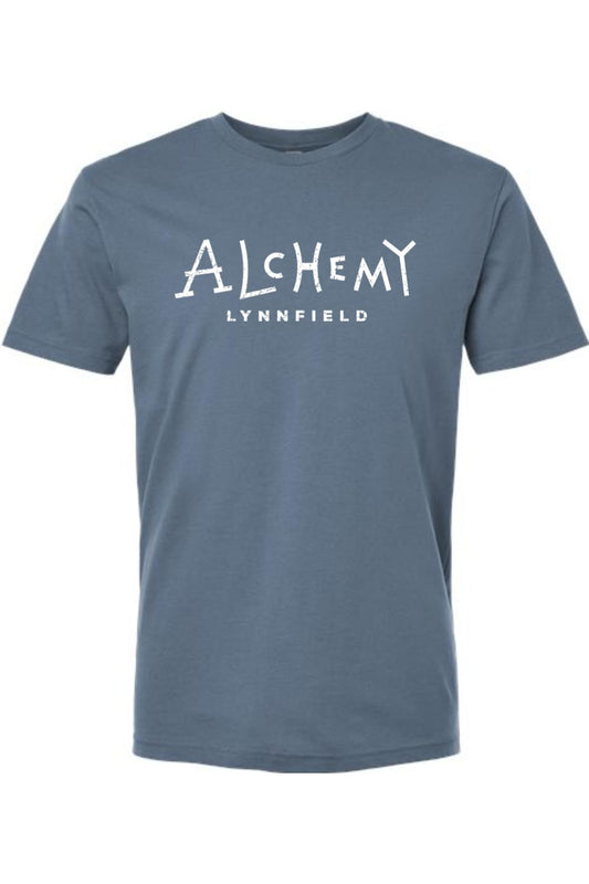 Slate blue crew neck t-shirt featuring the white Alchemy Lynnfield logo printed on the chest.