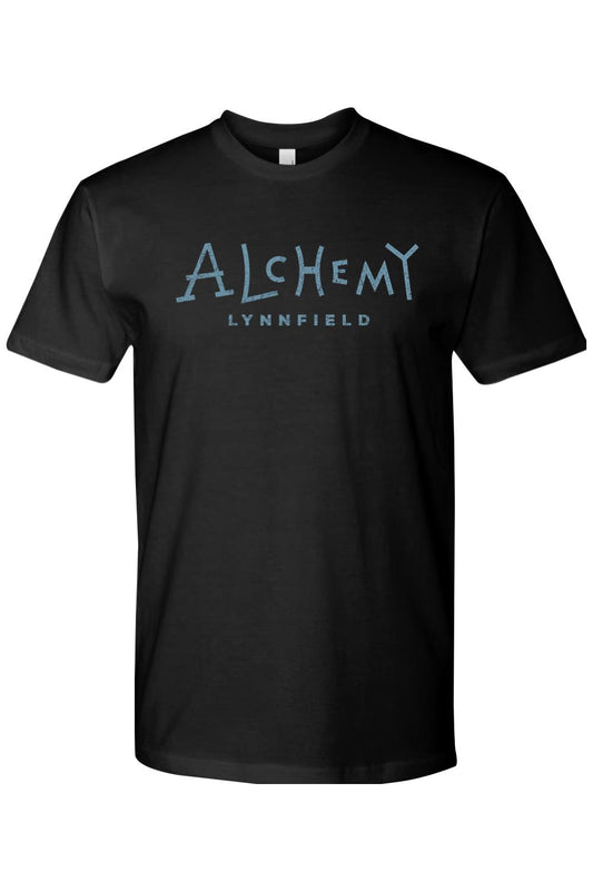 Black crew neck t-shirt featuring the Alchemy Lynnfield logo in distressed light blue lettering on the chest.