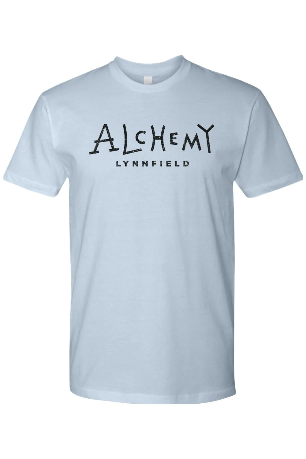 Light blue unisex crewneck t-shirt featuring the Alchemy Lynnfield logo in black text on the chest.