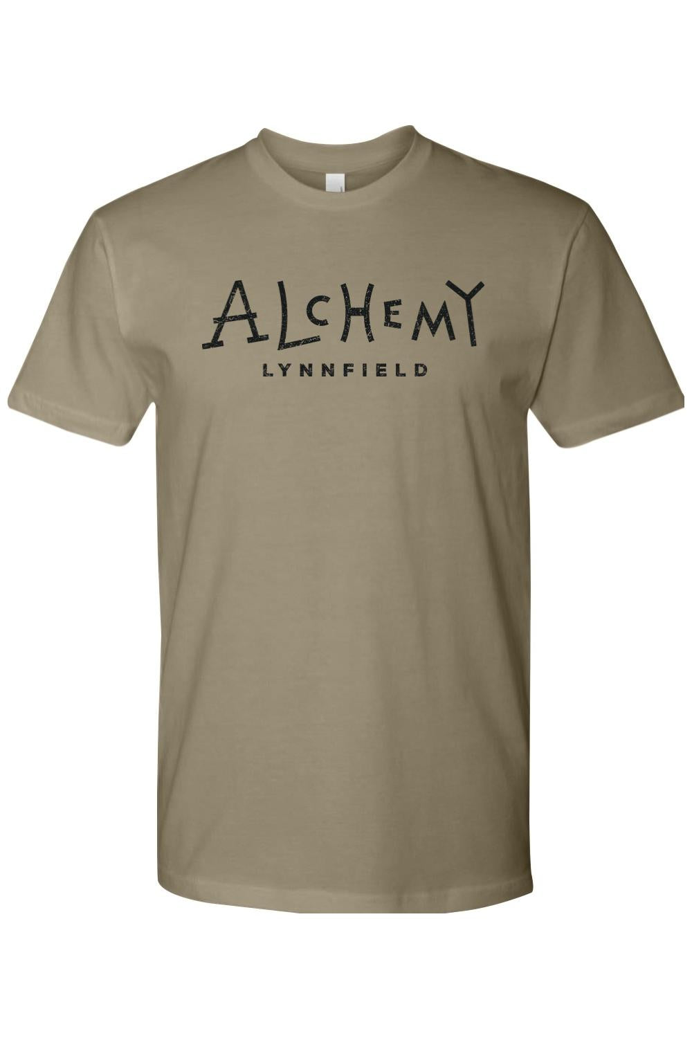 Khaki short-sleeve crewneck t-shirt featuring Alchemy Lynnfield text in a distressed black font.