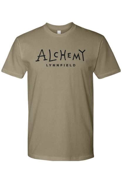 Khaki short-sleeve crewneck t-shirt featuring Alchemy Lynnfield text in a distressed black font.