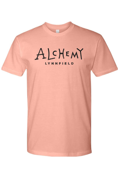 Peach-colored unisex crewneck t-shirt featuring the black Alchemy Lynnfield text logo printed on the chest.