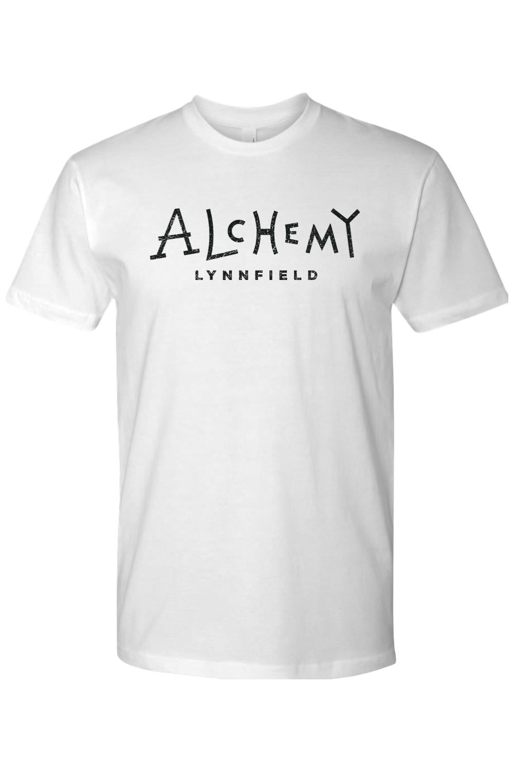 White unisex short-sleeve crewneck t-shirt featuring Alchemy Lynnfield text in a distressed black font.