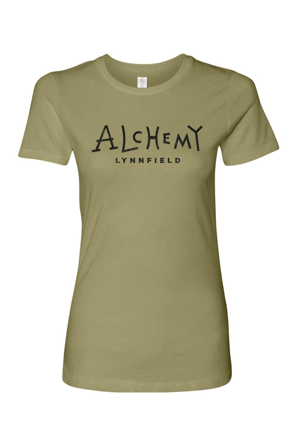 Olive green slim-fit women's t-shirt with a black Alchemy Lynnfield logo graphic on the chest.