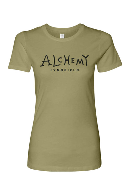 Olive green slim-fit women's t-shirt with a black Alchemy Lynnfield logo graphic on the chest.