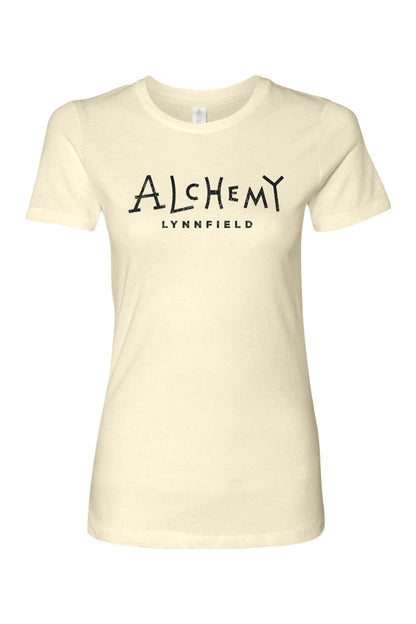 Cream-colored slim-fit women's t-shirt featuring a black Alchemy Lynnfield logo graphic on the chest.
