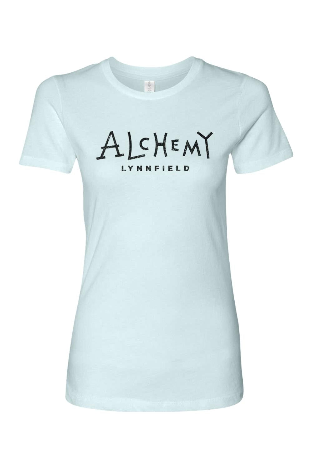 Light blue slim-fit women's t-shirt with black Alchemy Lynnfield graphic print on the chest.
