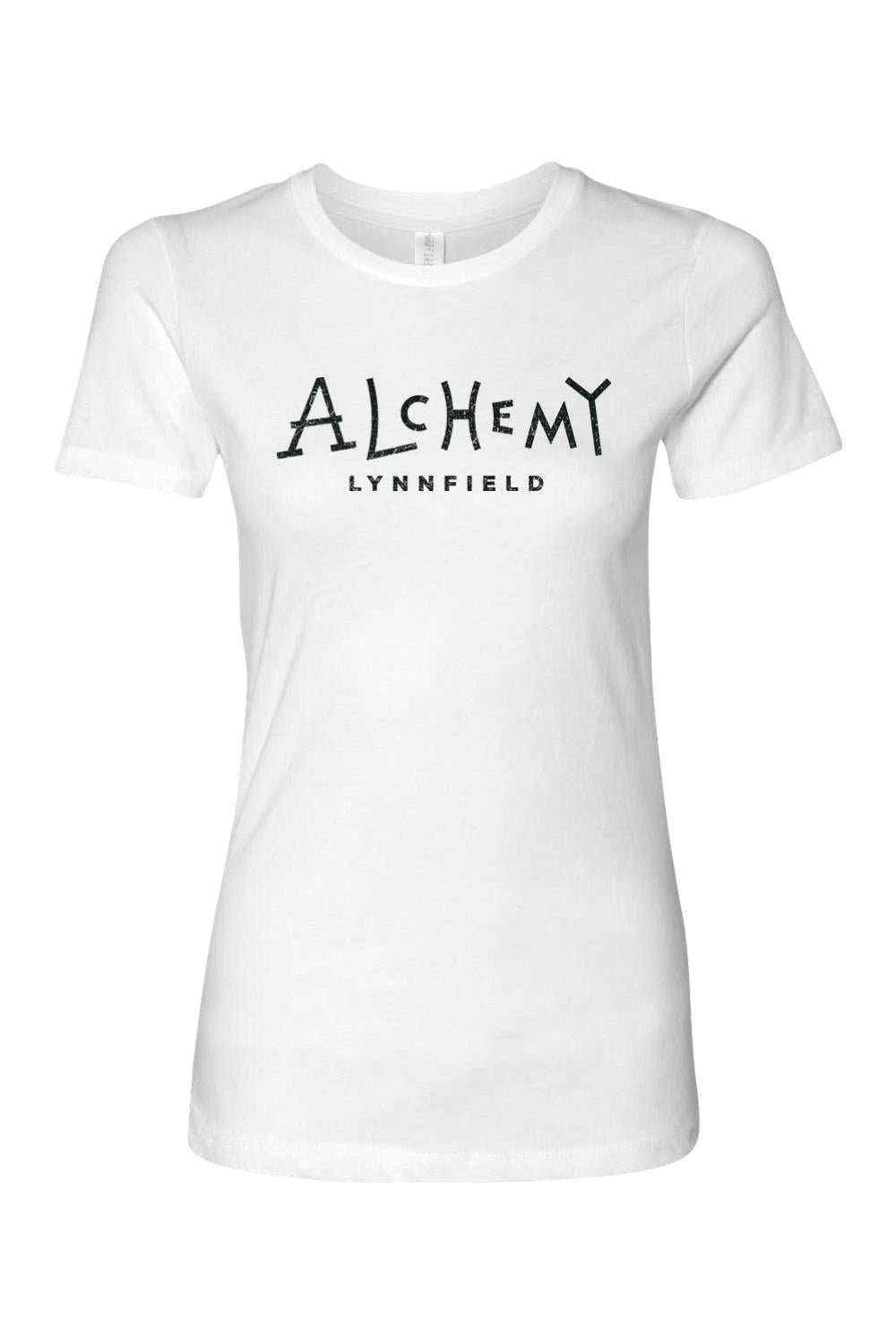 White slim-fit women's t-shirt featuring a black Alchemy Lynnfield logo graphic on the chest.