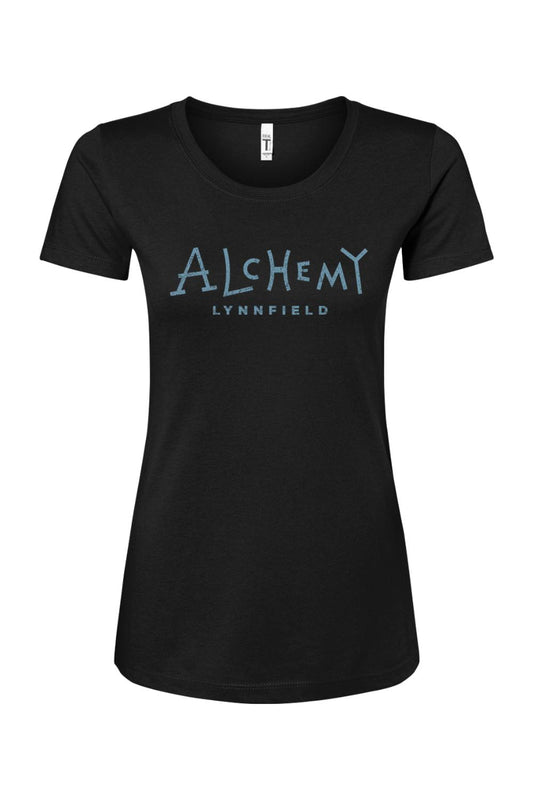 Black women's relaxed-fit t-shirt featuring Alchemy Lynnfield text in a distressed blue graphic print.
