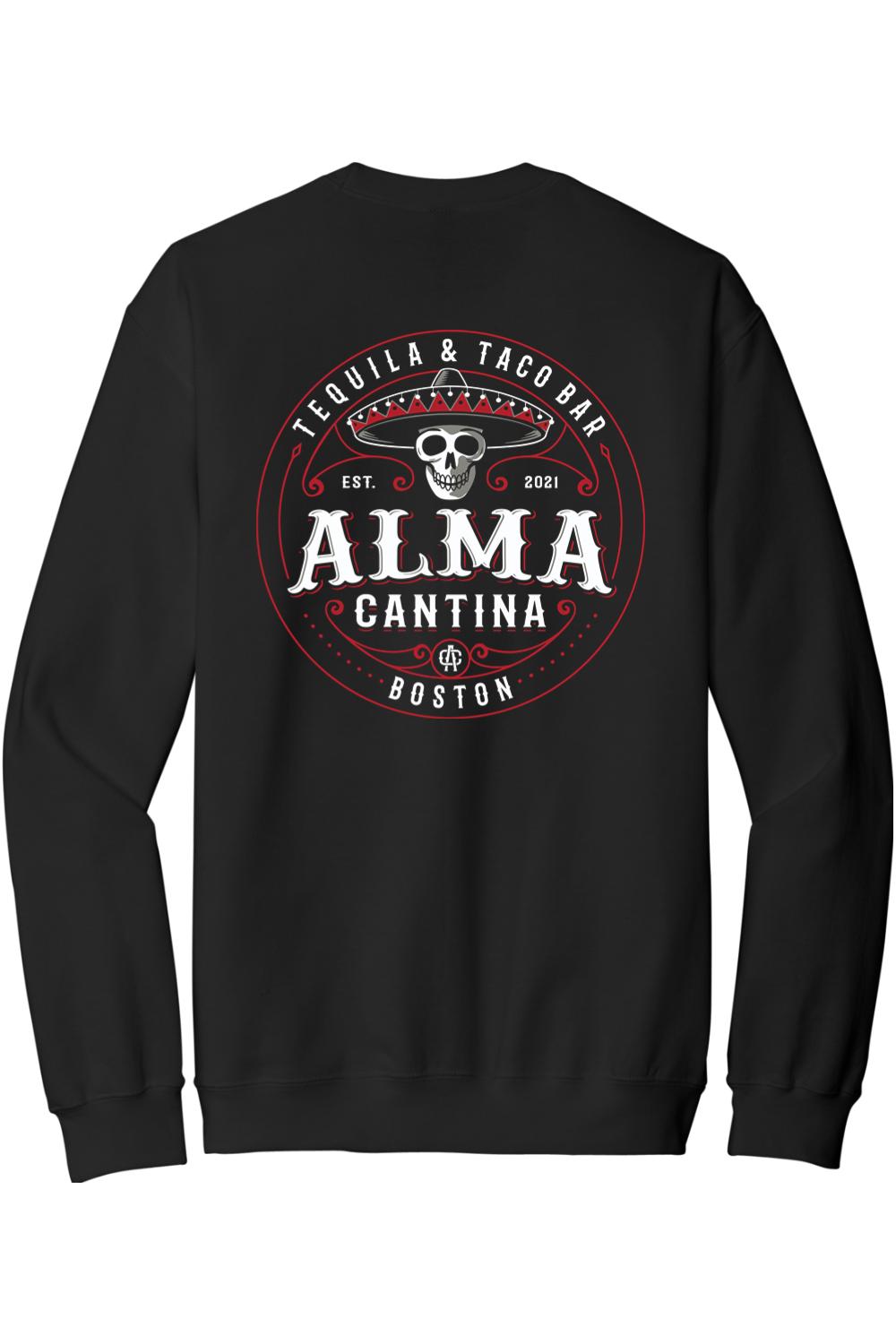 Black crewneck sweatshirt featuring a white and red Alma Cantina logo with a skull in a sombrero on the back.