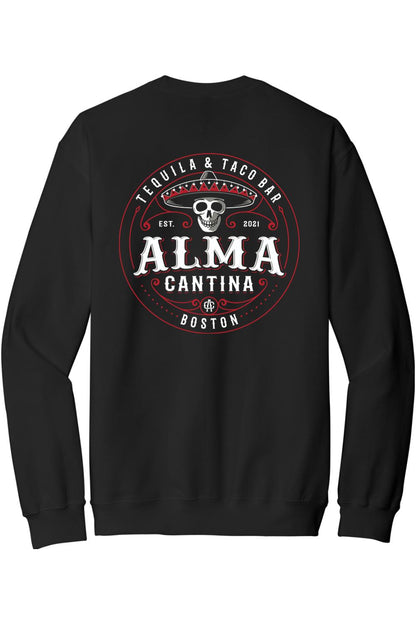 Black crewneck sweatshirt featuring a white and red Alma Cantina logo with a skull in a sombrero on the back.
