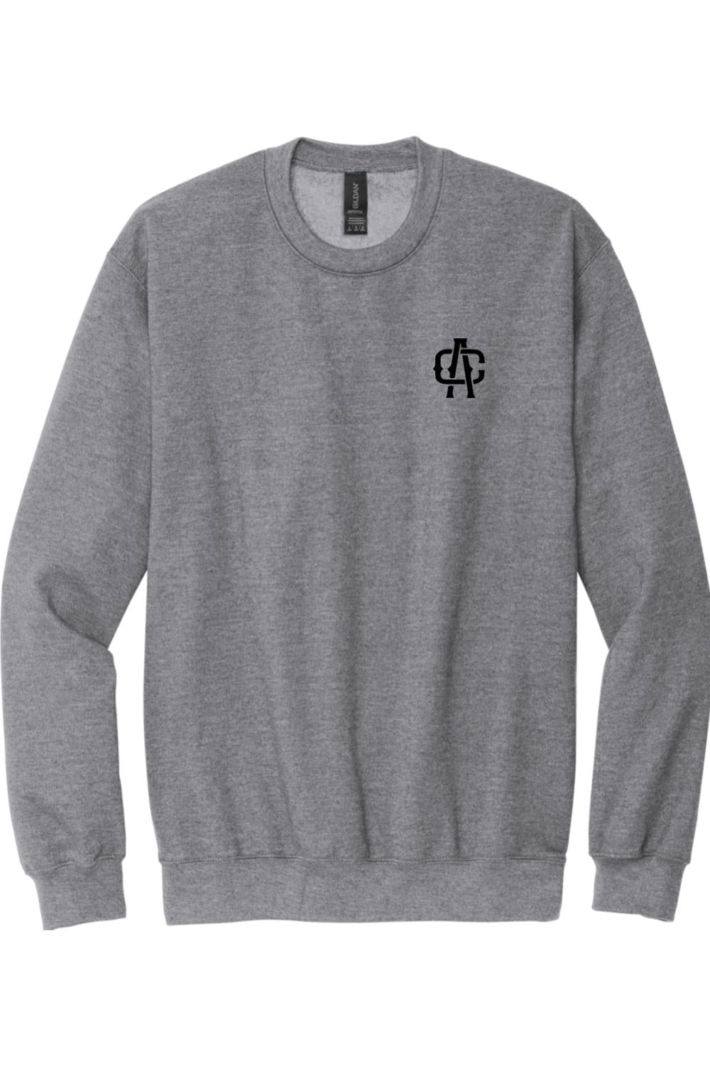 Grey crewneck sweatshirt featuring a black Alma Cantina AC logo on the left chest, made from soft cotton blend.