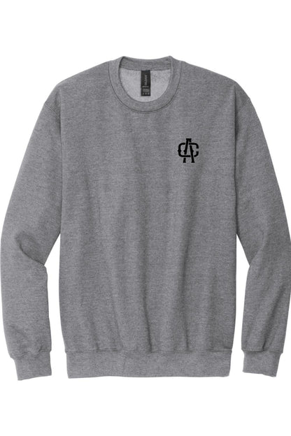 Grey crewneck sweatshirt featuring a black Alma Cantina AC logo on the left chest, made from soft cotton blend.