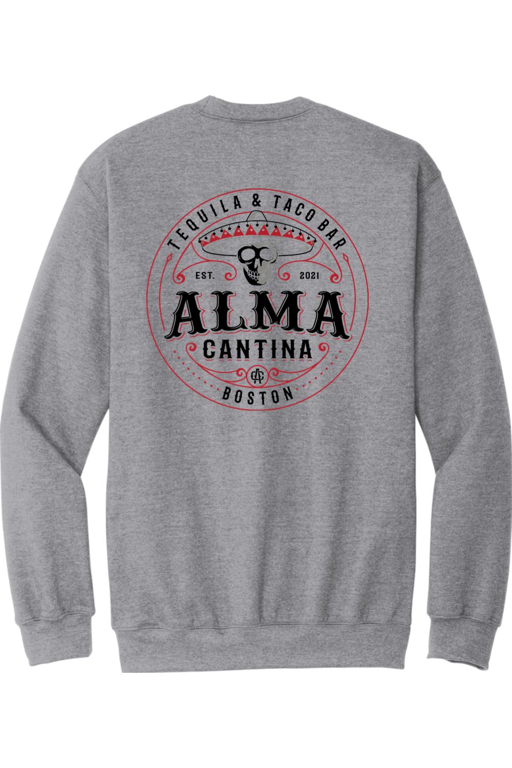 Grey crewneck sweatshirt featuring a red and black Alma Cantina logo with a skull and sombrero design on the back.