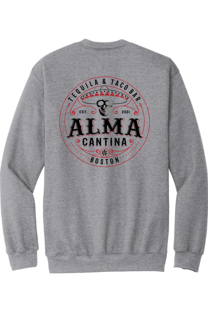 Grey crewneck sweatshirt featuring a red and black Alma Cantina logo with a skull and sombrero design on the back.