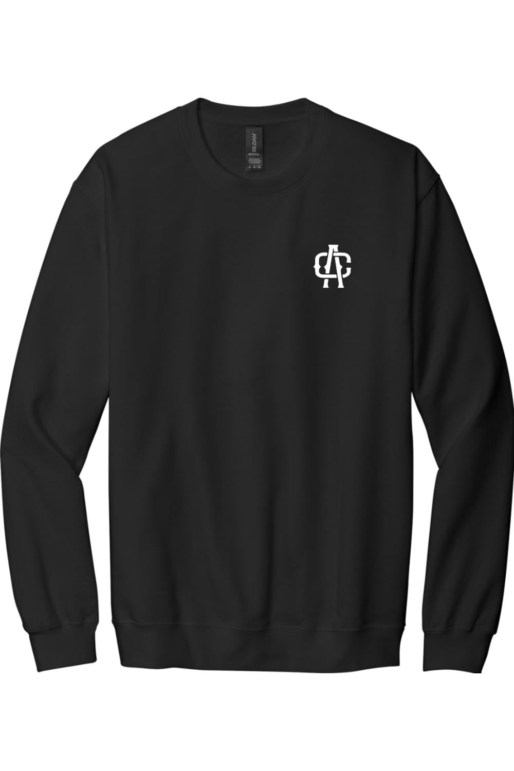 Black crewneck sweatshirt featuring a white Alma Cantina AC logo on the left chest, made from soft cotton.