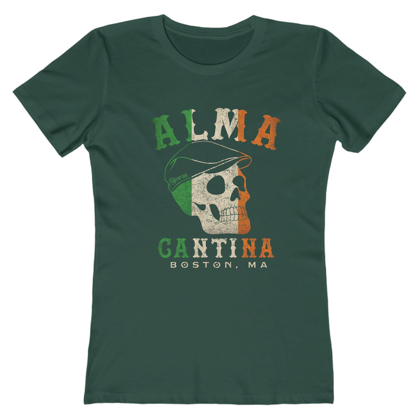 Dark green women's cotton t-shirt featuring an Irish flag skull graphic with Alma Cantina Boston text.