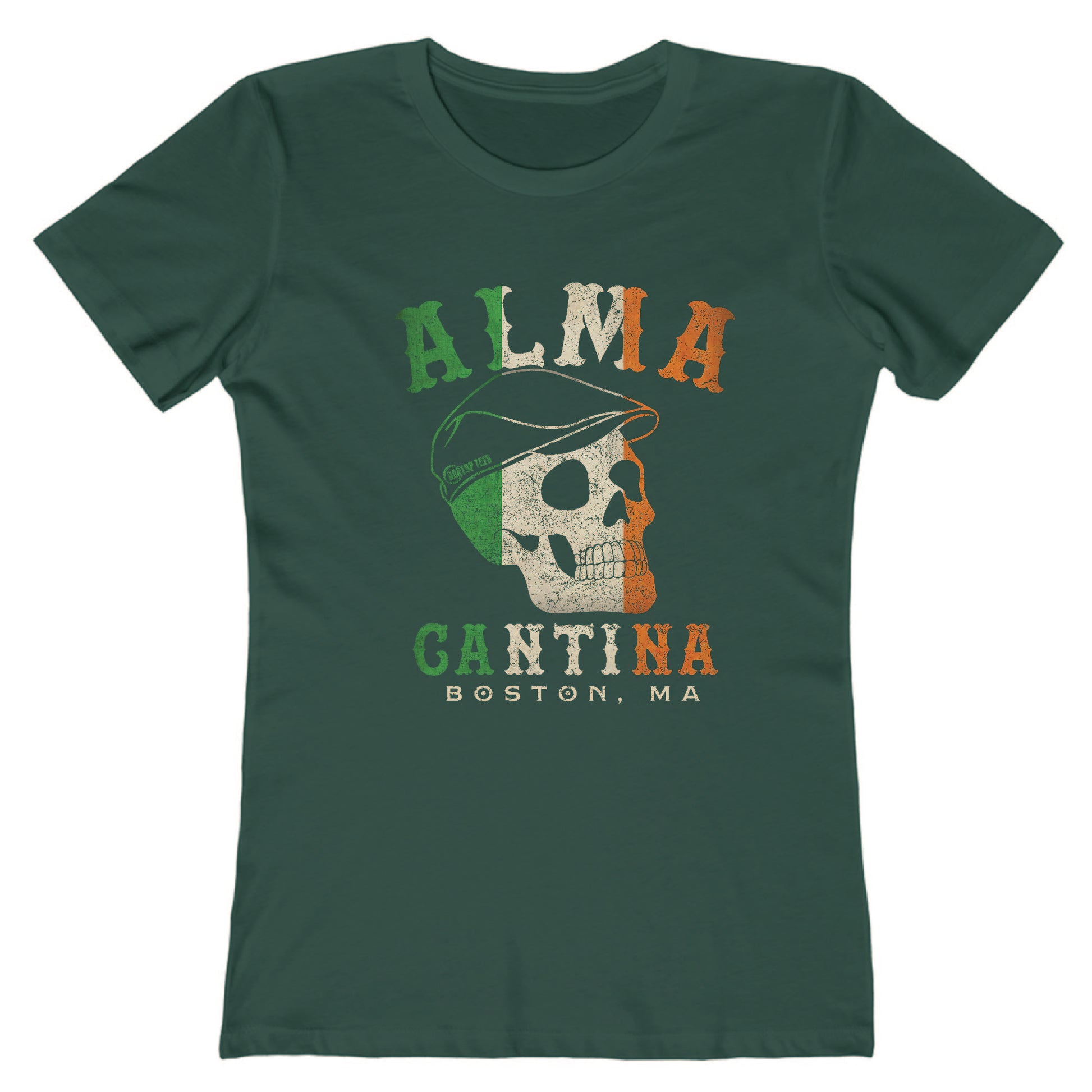Dark green women's cotton t-shirt featuring an Irish flag skull graphic with Alma Cantina Boston text.