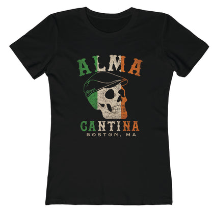 Women's black cotton t-shirt featuring an Irish flag skull graphic with Alma Cantina Boston text.