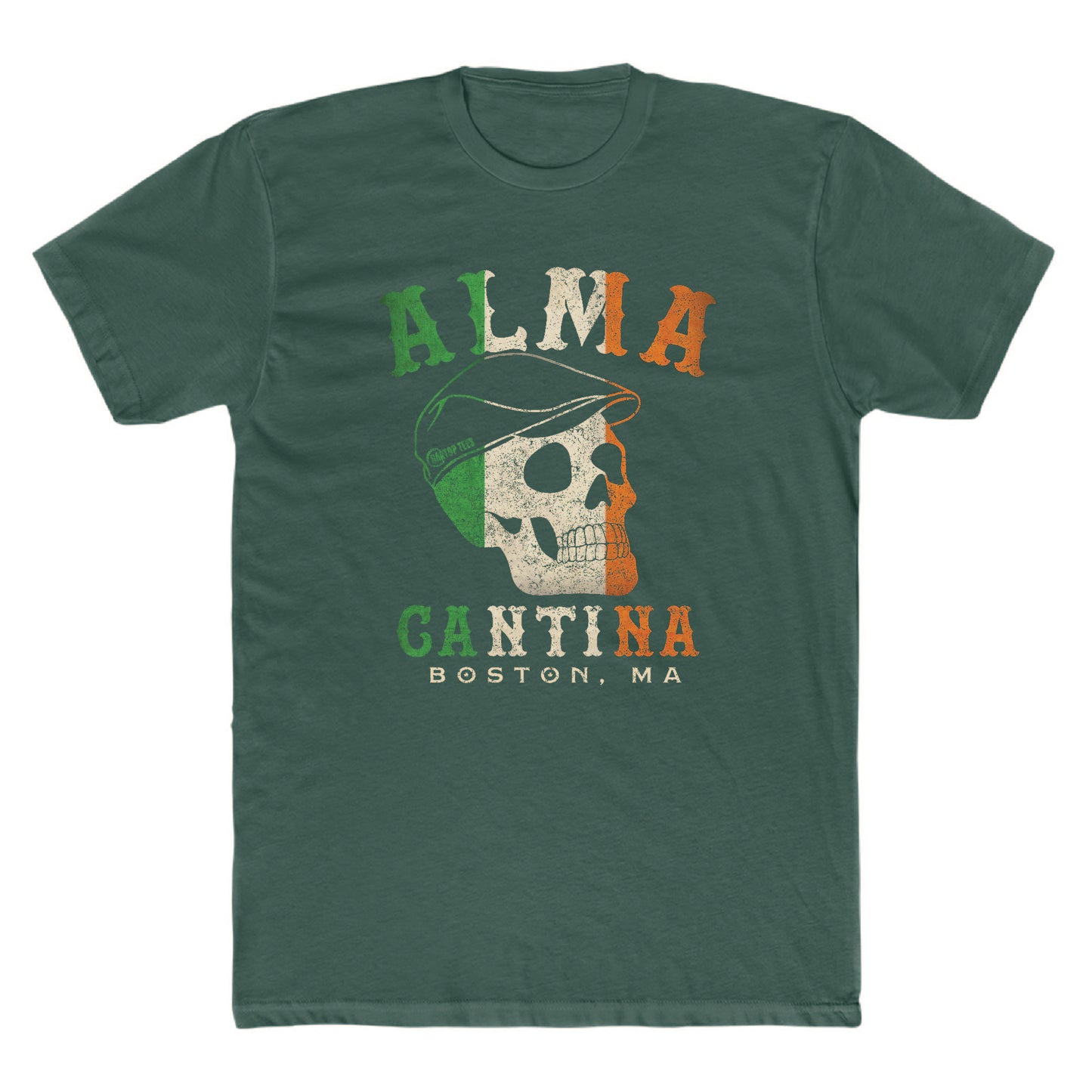 Dark green cotton unisex t-shirt featuring an Irish flag skull graphic with Alma Cantina Boston text.