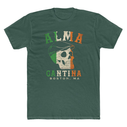 Dark green cotton unisex t-shirt featuring an Irish flag skull graphic with Alma Cantina Boston text.