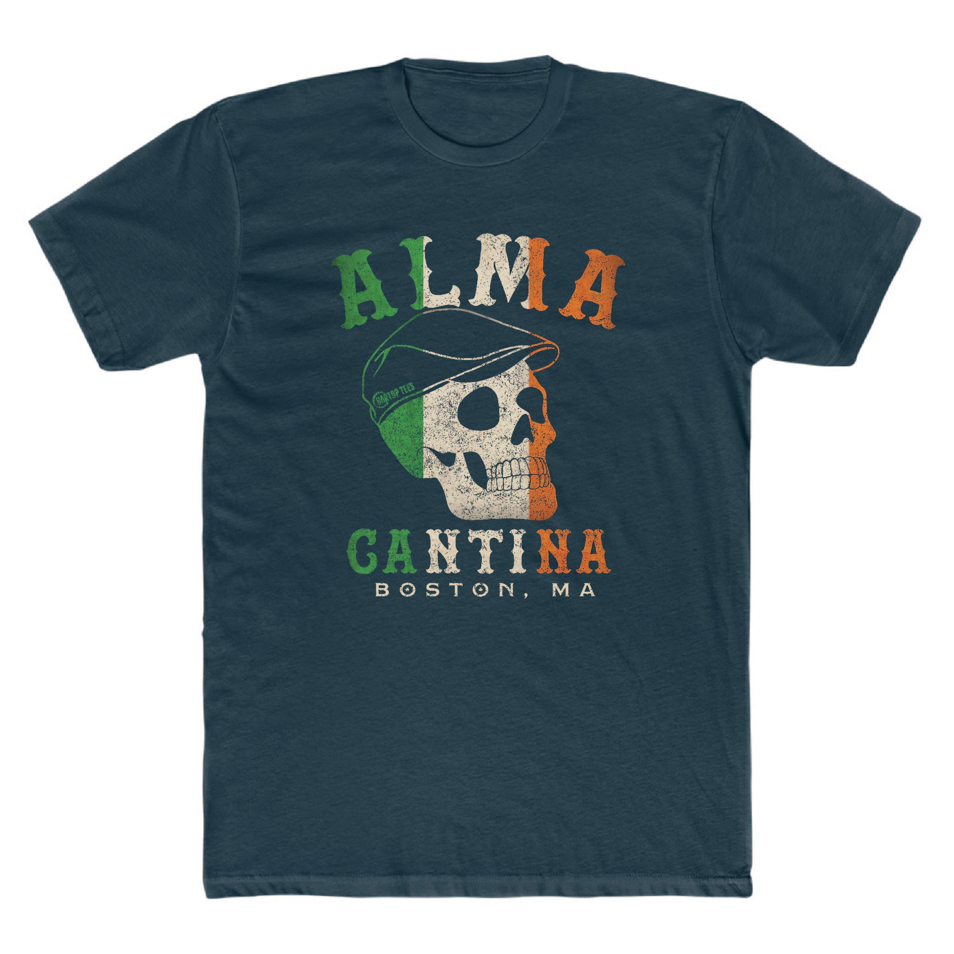Dark navy 100% cotton unisex t-shirt featuring an Irish flag skull graphic with Alma Cantina Boston text.