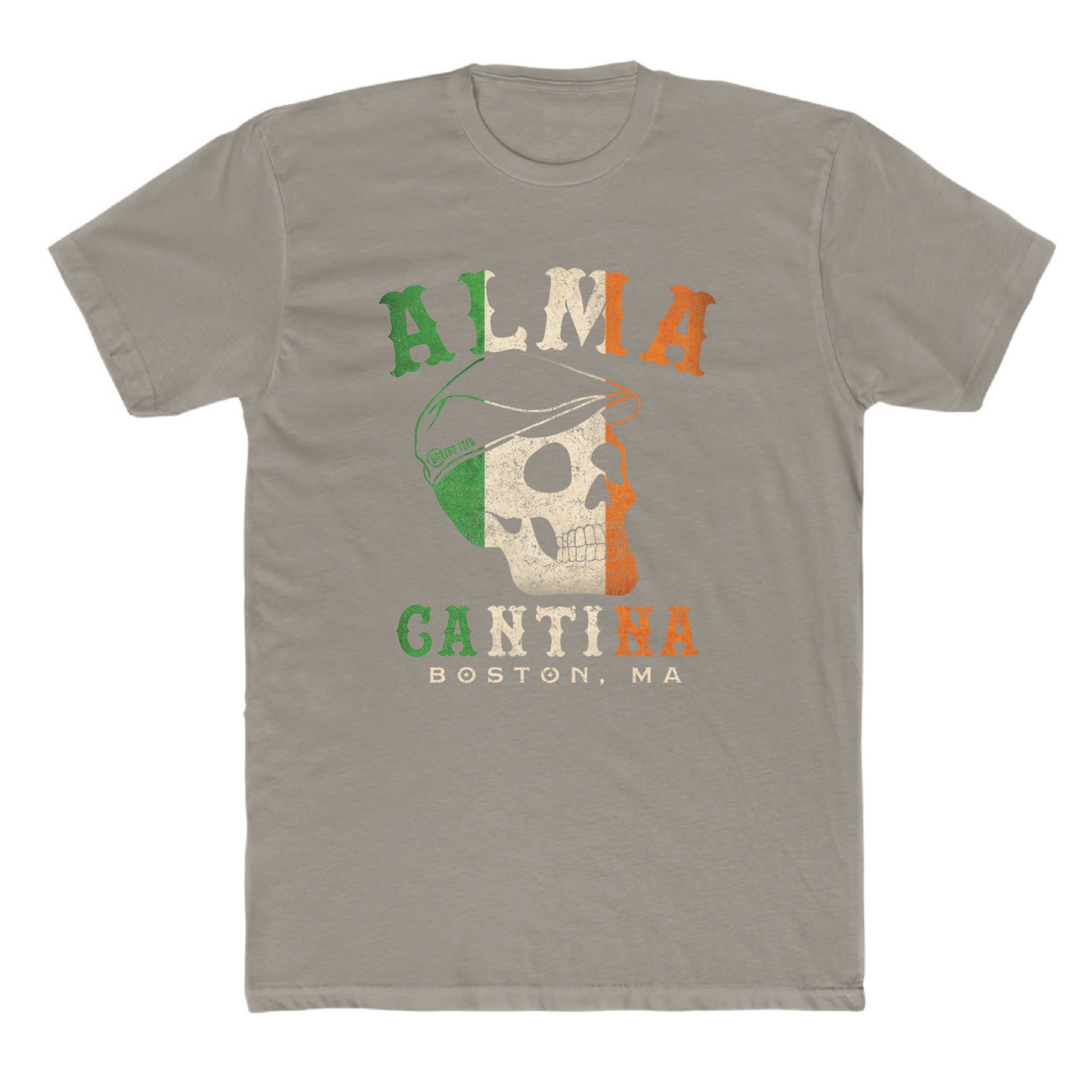 Grey 100% cotton unisex t-shirt featuring an Irish flag-themed skull graphic with Alma Cantina Boston text.
