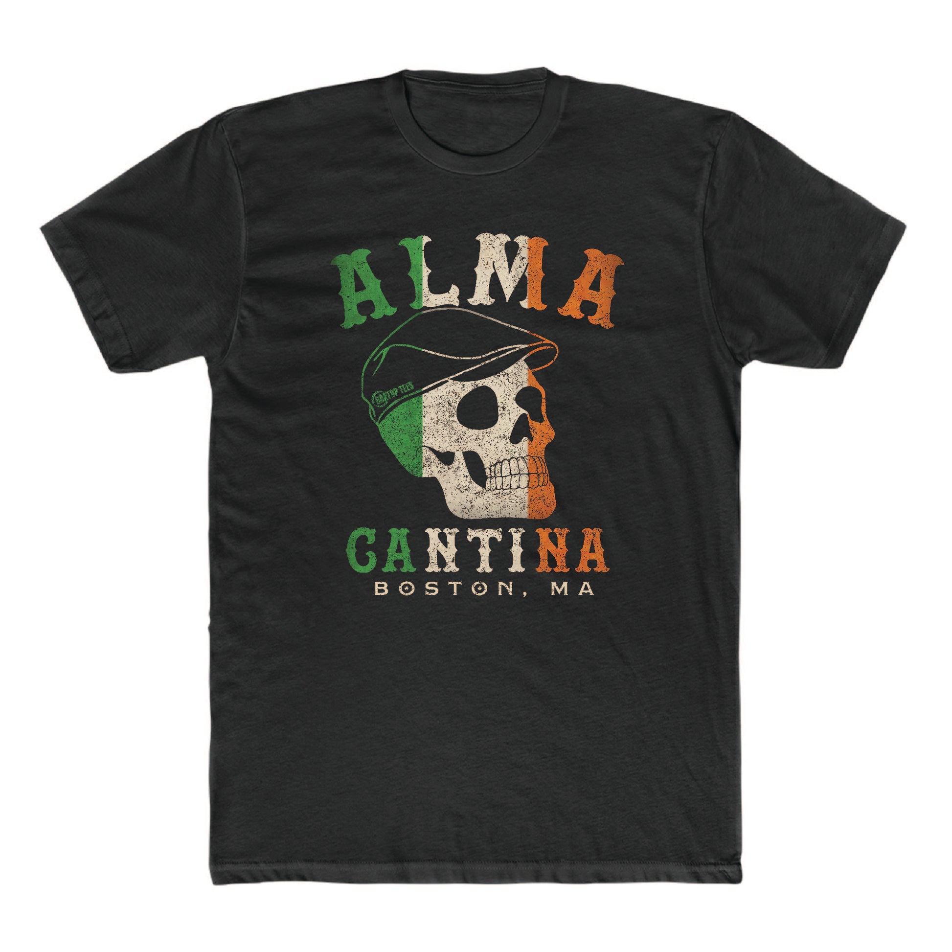Black 100% cotton unisex t-shirt featuring a distressed Irish flag skull graphic with Alma Cantina Boston text.