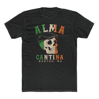 Black 100% cotton unisex t-shirt featuring a distressed Irish flag skull graphic with Alma Cantina Boston text.