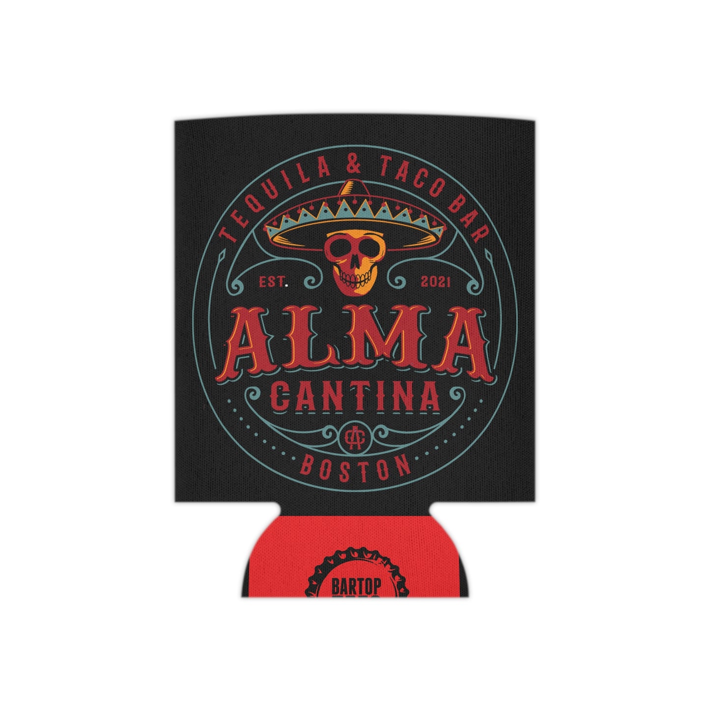 Black foam can cooler featuring a multicolor Alma Cantina skull and sombrero logo with red and teal accents.