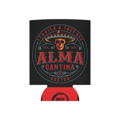 Black foam can cooler featuring a multicolor Alma Cantina skull and sombrero logo with red and teal accents.