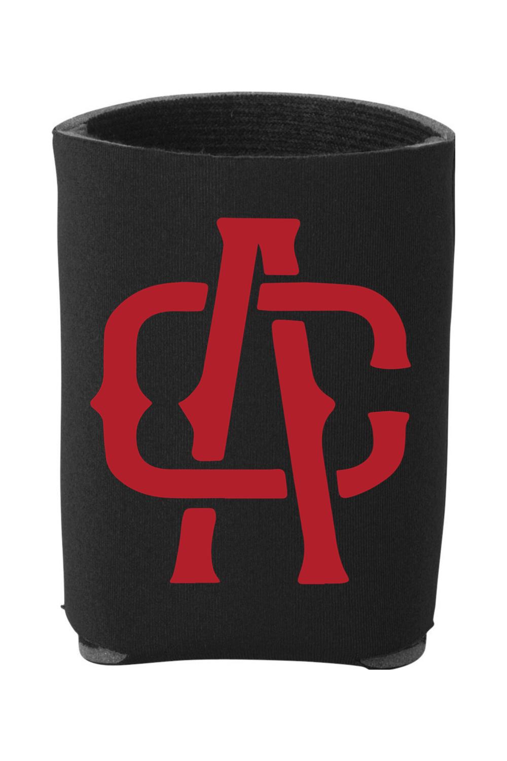 Black neoprene can cooler featuring a bold red Alma Cantina circle logo design.