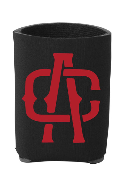 Black neoprene can cooler featuring a bold red Alma Cantina circle logo design.