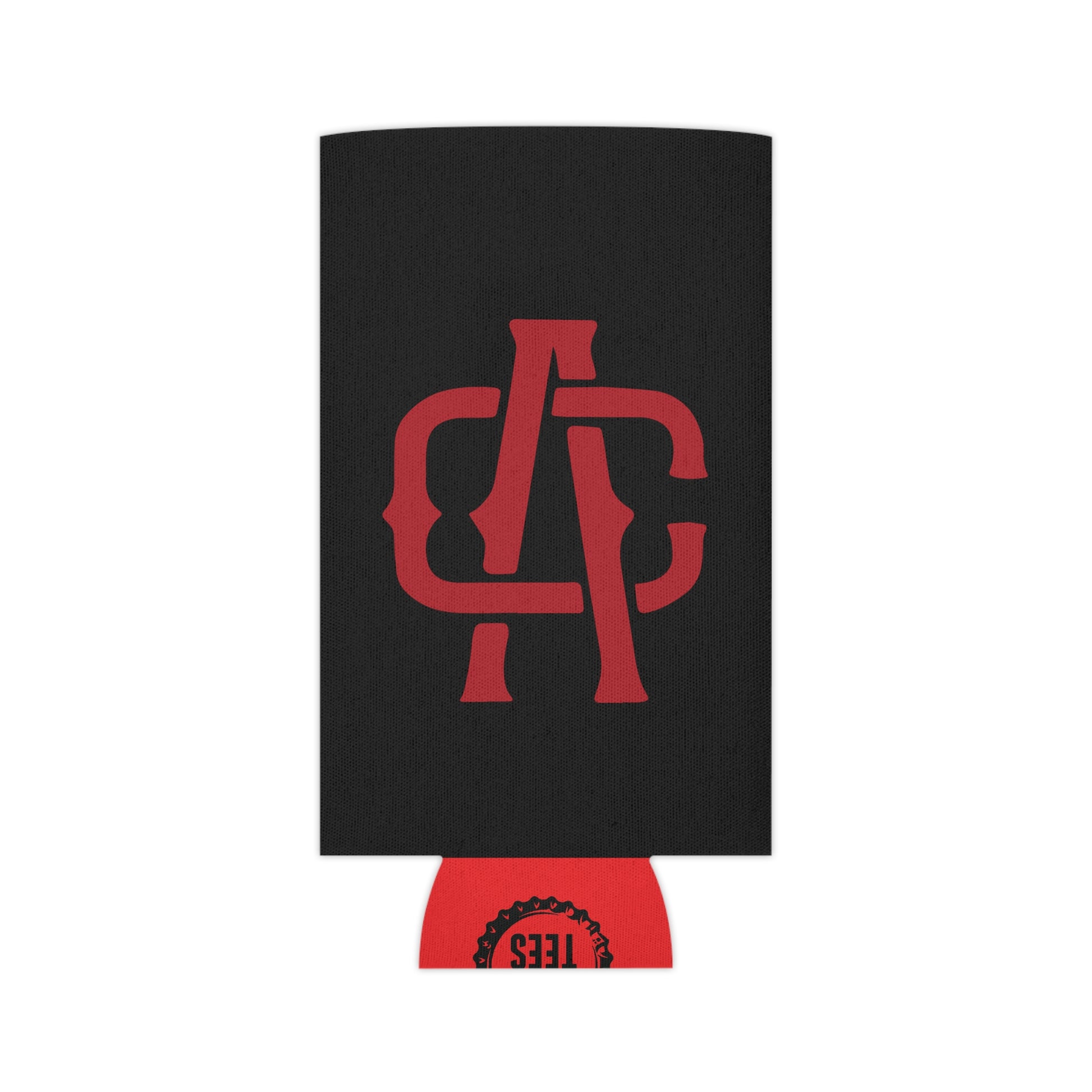 Black can cooler featuring a red Alma Cantina logo, made of polyester and soft foam for standard beverage cans.