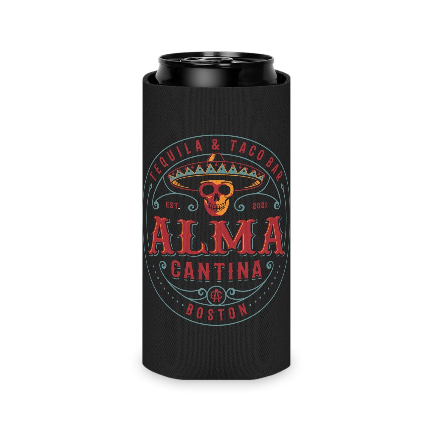 Black slim can cooler featuring a colorful Alma Cantina skull and sombrero logo on a soft foam insulator.
