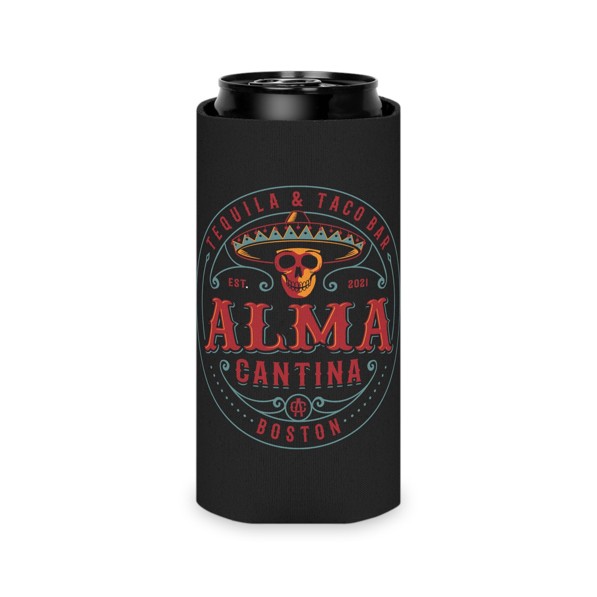 Black slim can cooler featuring a colorful Alma Cantina skull and sombrero logo on a soft foam insulator.
