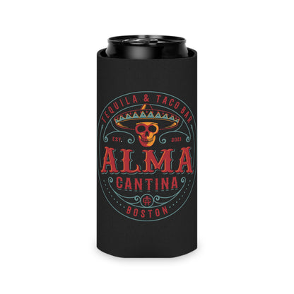 Black slim can cooler featuring a colorful Alma Cantina skull and sombrero logo on a soft foam insulator.