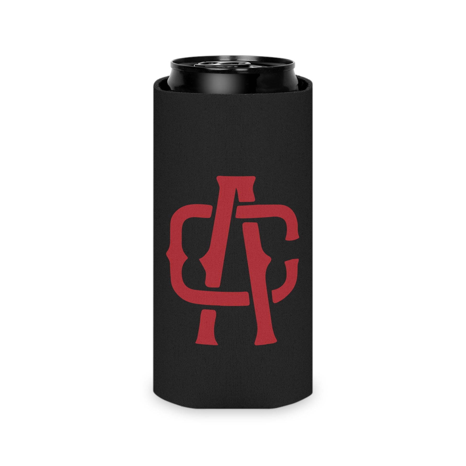 Black slim can cooler featuring a red Alma Cantina circle logo, made from durable polyester and soft foam.