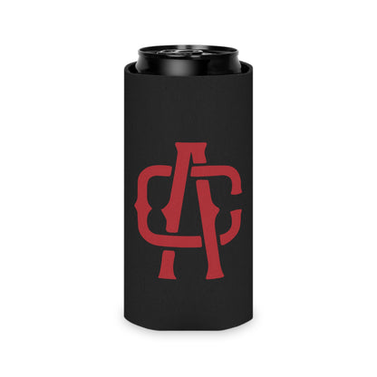 Black slim can cooler featuring a red Alma Cantina circle logo, made from durable polyester and soft foam.