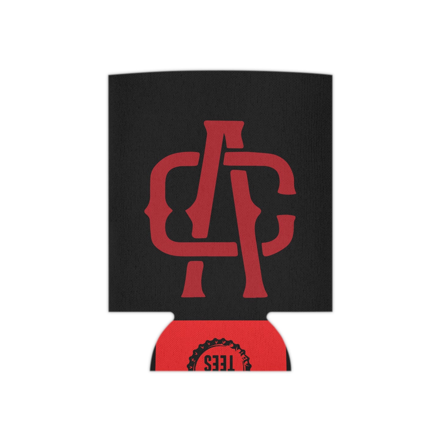 Black foam can cooler featuring a red Alma Cantina circle logo and a soft polyester exterior.
