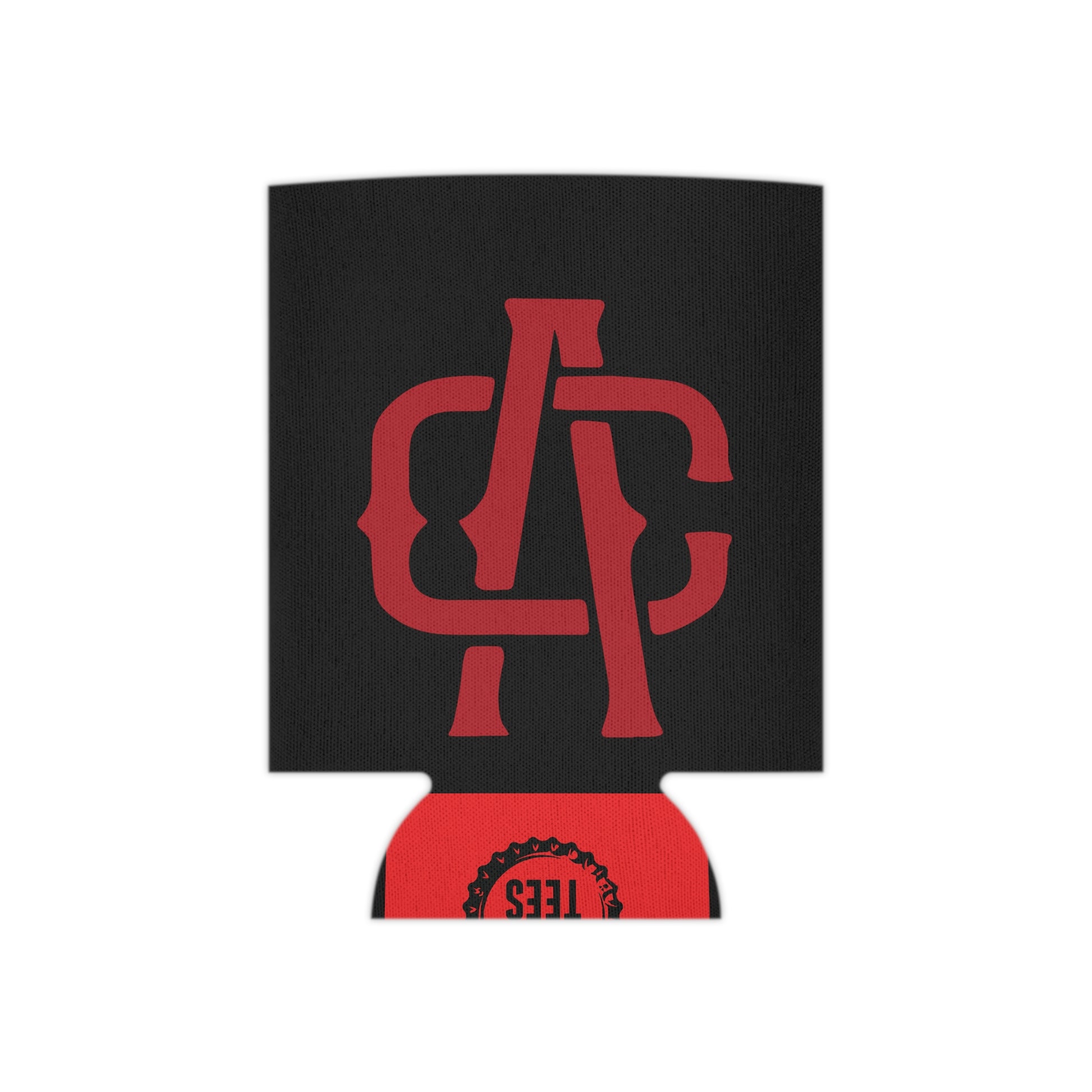 Black foam can cooler featuring a red Alma Cantina circle logo and a soft polyester exterior.