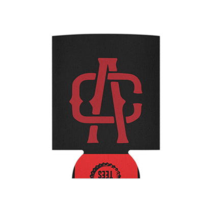 Black foam can cooler featuring a red Alma Cantina circle logo and a soft polyester exterior.