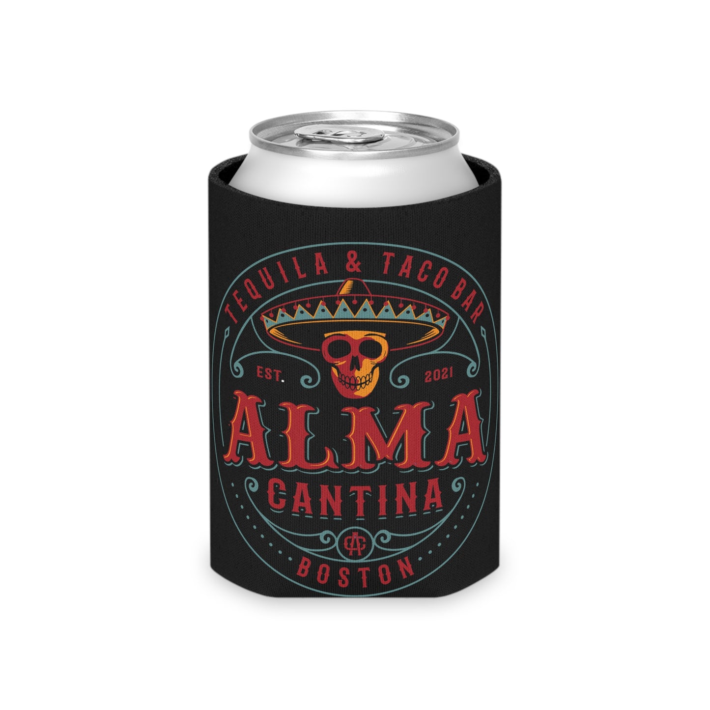 Black foam can cooler featuring a colorful Alma Cantina skull and sombrero logo with red and teal typography.
