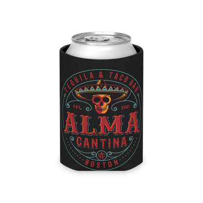 Black foam can cooler featuring a colorful Alma Cantina skull and sombrero logo with red and teal typography.