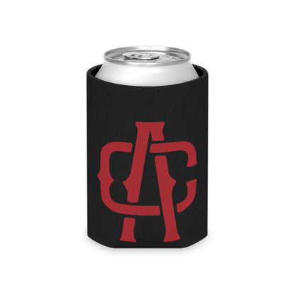Black foam can cooler featuring a red Alma Cantina logo, designed for standard beverage cans.