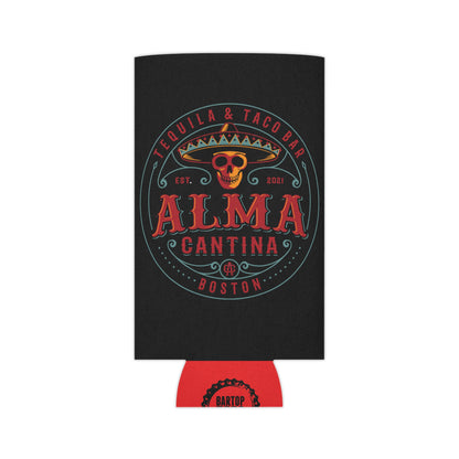 Black can cooler featuring a colorful Alma Cantina skull and sombrero logo with red accents and a foam interior.