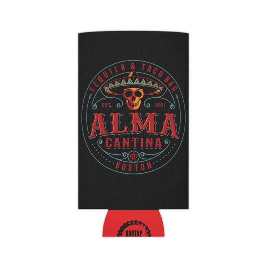 Black can cooler featuring a colorful Alma Cantina skull and sombrero logo with red accents and a foam interior.