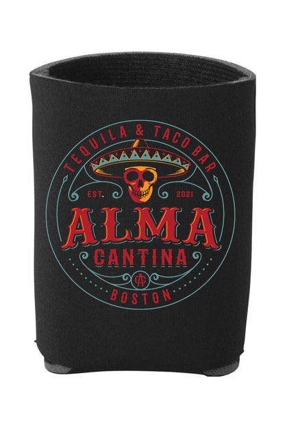 Black neoprene can cooler featuring a multicolor Alma Cantina circle logo with a skull and sombrero design.