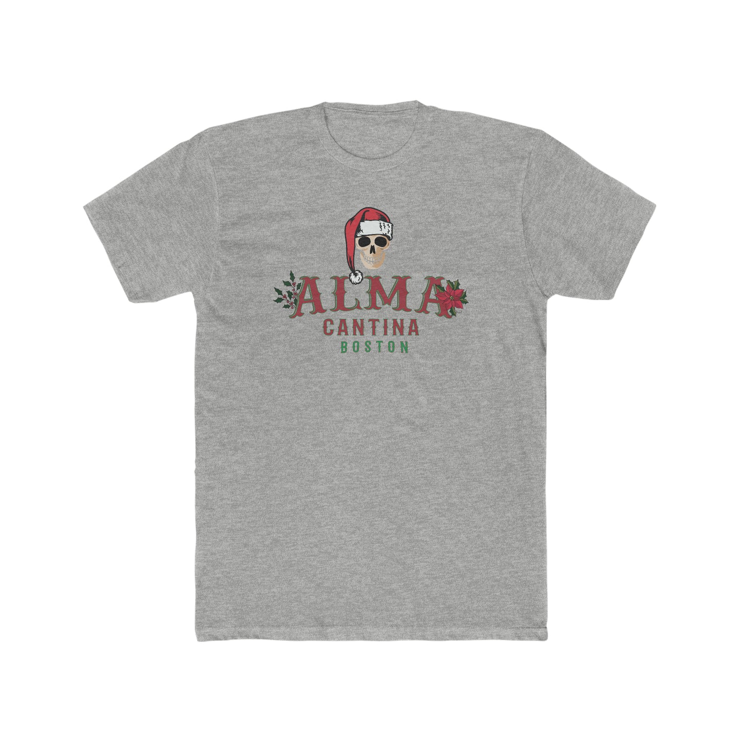 Grey premium cotton t-shirt featuring a Santa skull graphic with Alma Cantina Boston text and holiday floral accents.